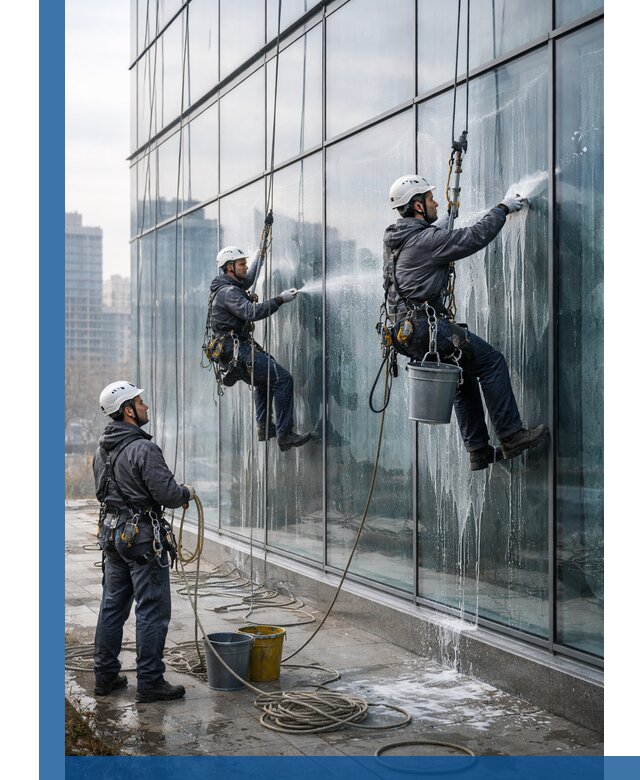 Промышленная мойка панорамных окон на высоте в Омске