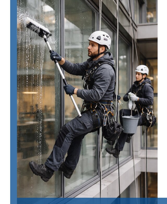 Профессиональная мойка витражей промышленными альпинистами в Омске