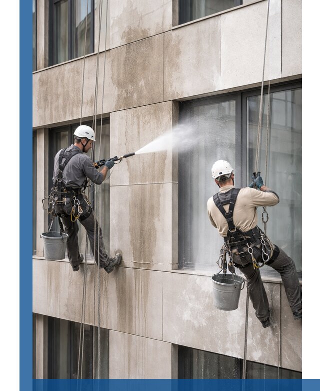 Послестроительная мойка фасада промышленным альпинизмом в Омске