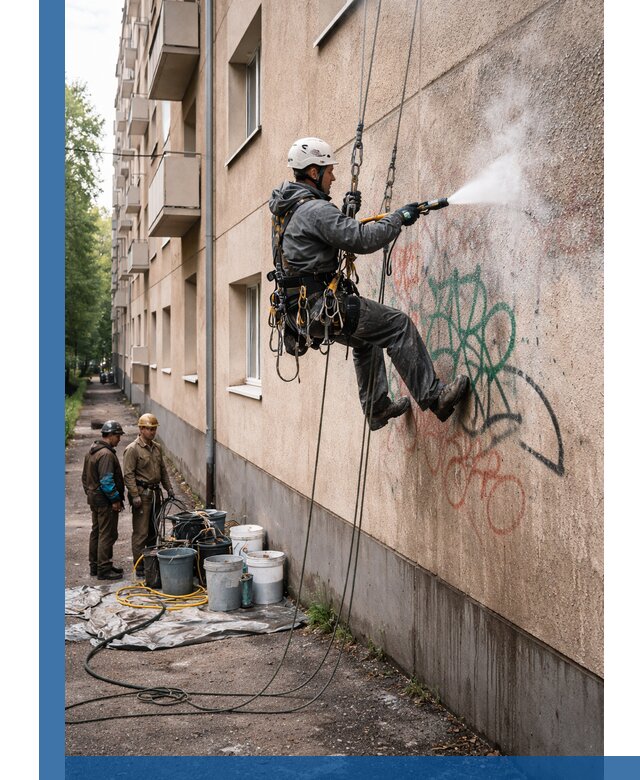 Удаление граффити с фасада в Омске без следов и повреждений