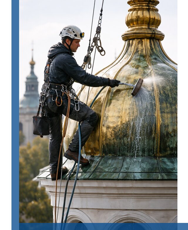 Профессиональная мойка куполов и шпилей высотными альпинистами в Омске