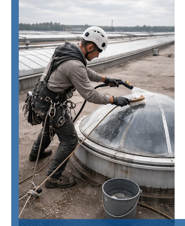 Мойка зенитных фонарей на кровле для промышленных объектов в Омске