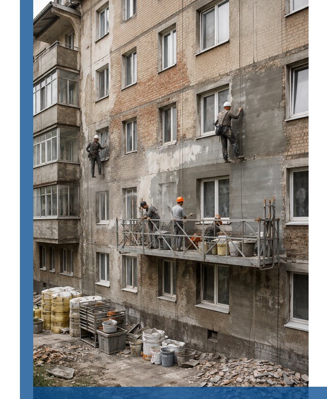 Капитальный ремонт фасада в Омске с восстановлением и гидроизоляцией