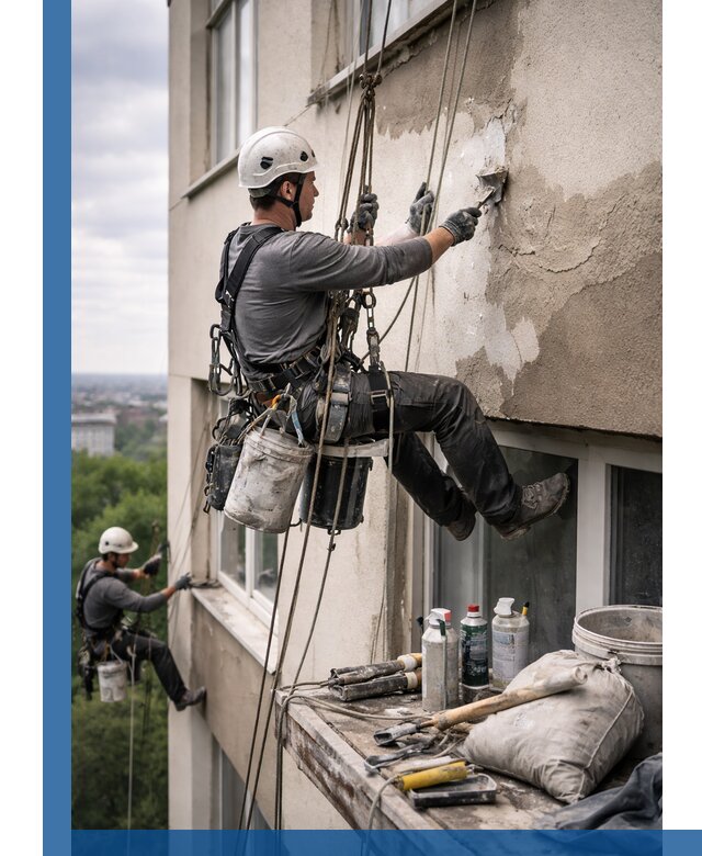 Косметический ремонт фасада зданий в Омске промышленными альпинистами