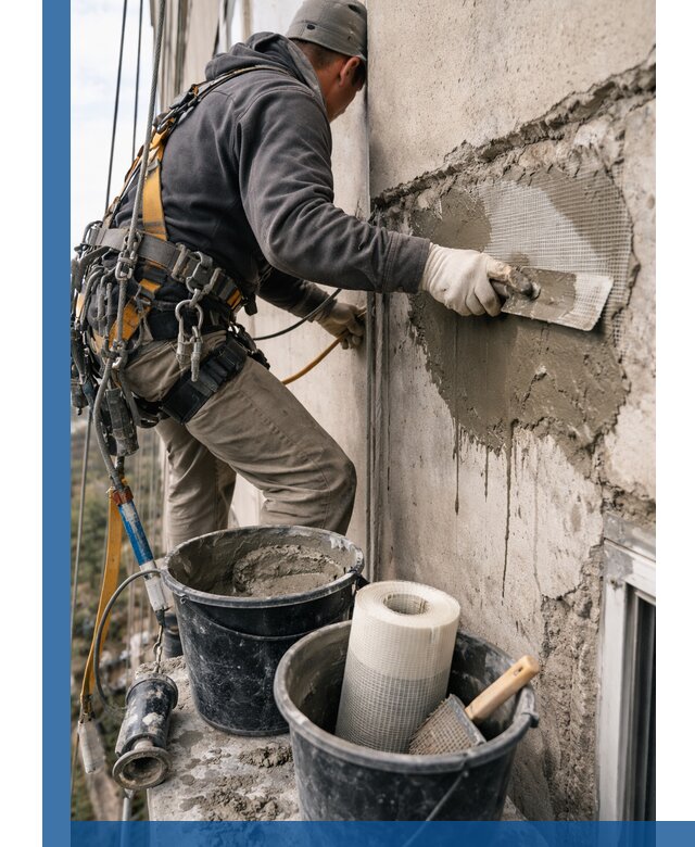 Ремонт бетонных элементов фасада промышленными альпинистами в Омске