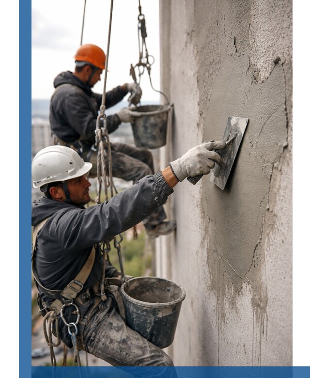 Штукатурка фасада на высоте в Омске профессиональные работы