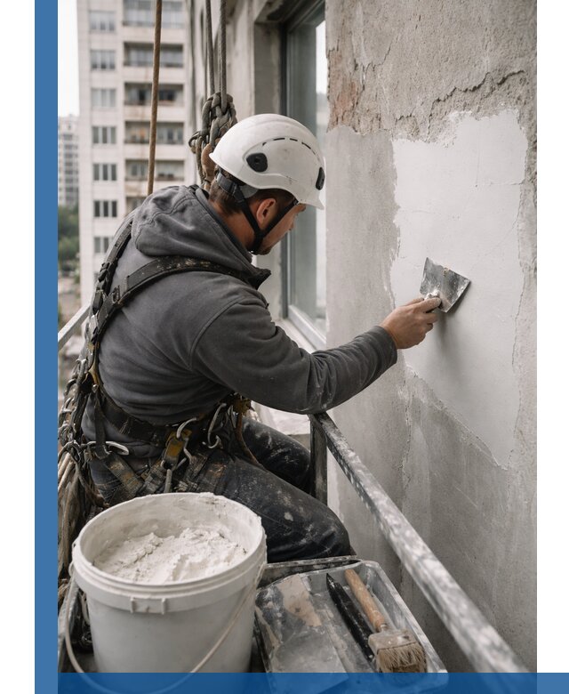 Шпаклевка фасадов на высоте с промальпинистами в Омске