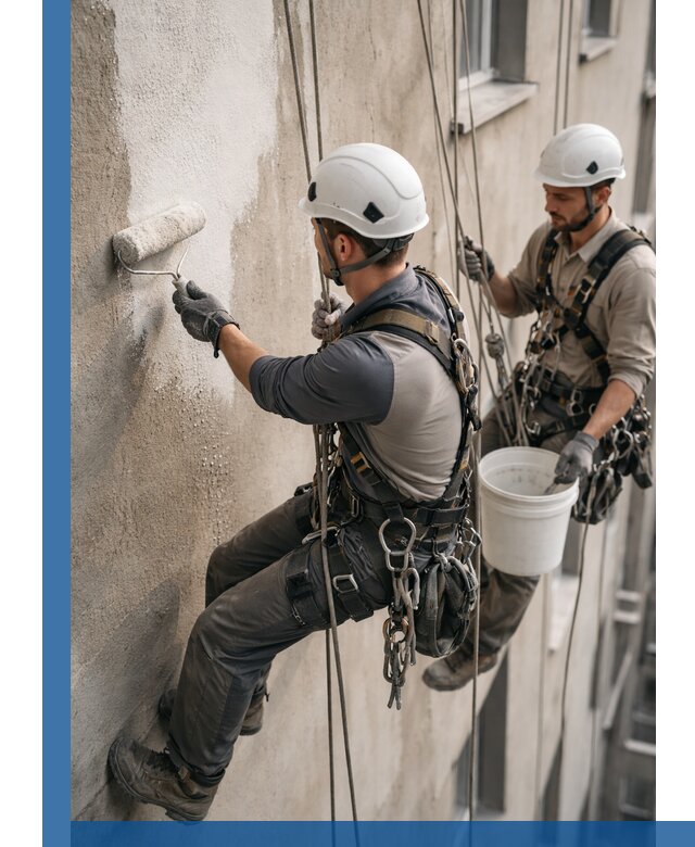 Грунтовка фасада на высоте в Омске промышленными альпинистами