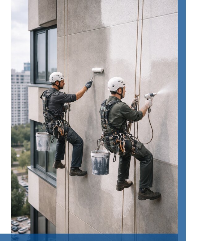 Покраска фасада альпинистами в Омске от 311 р. | ВЫСОТНИК-Омс