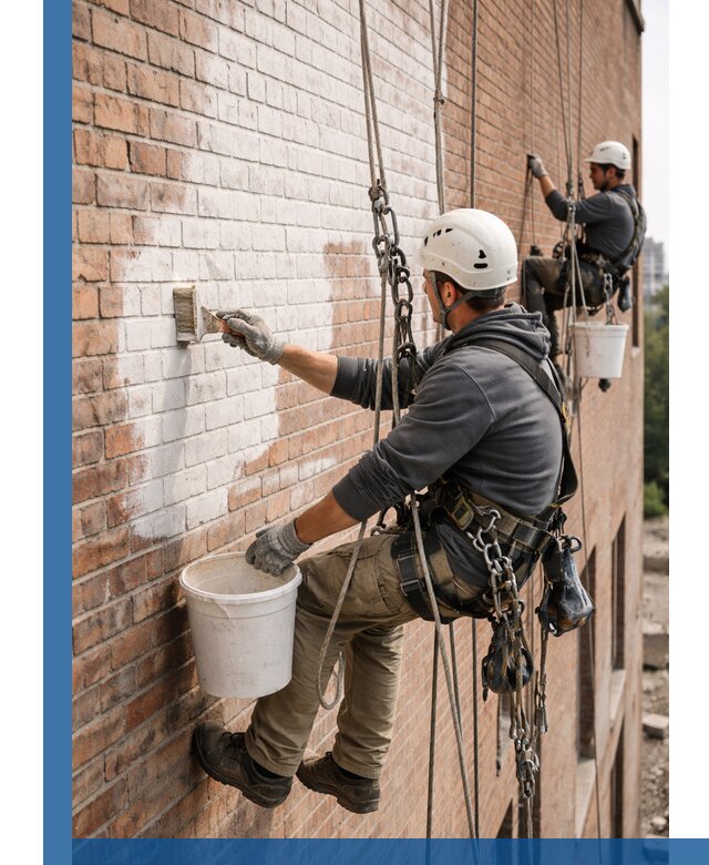 Покраска кирпичного фасада с доступным альпинистским сервисом в Омске