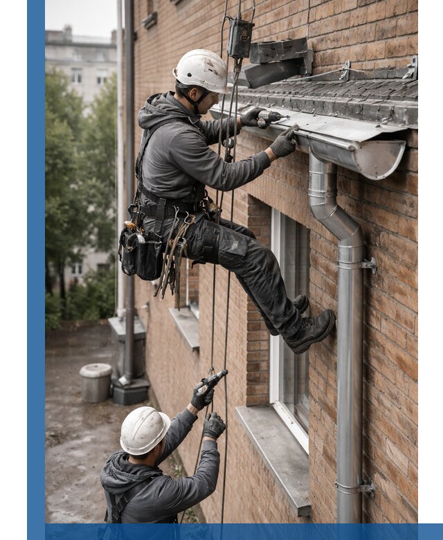 Монтаж водосточной системы на здании в Омске под ключ