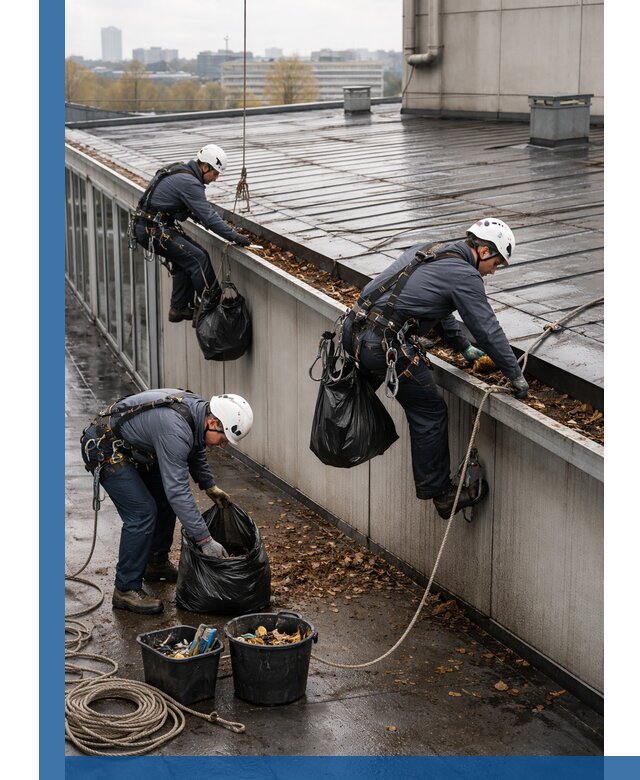 Очистка кровли по периметру в Омске силами промышленных альпинистов
