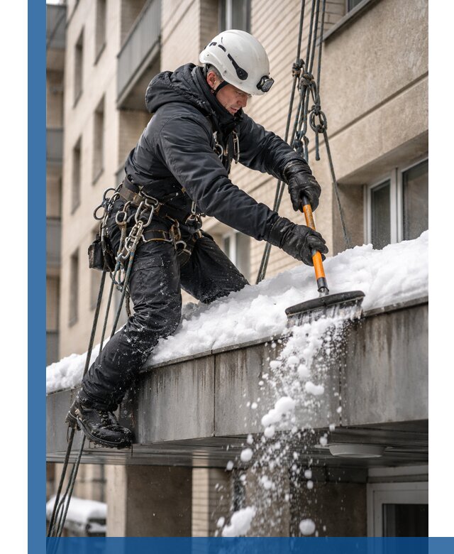 Очистка козырьков от снега в Омске круглогодично безопасно