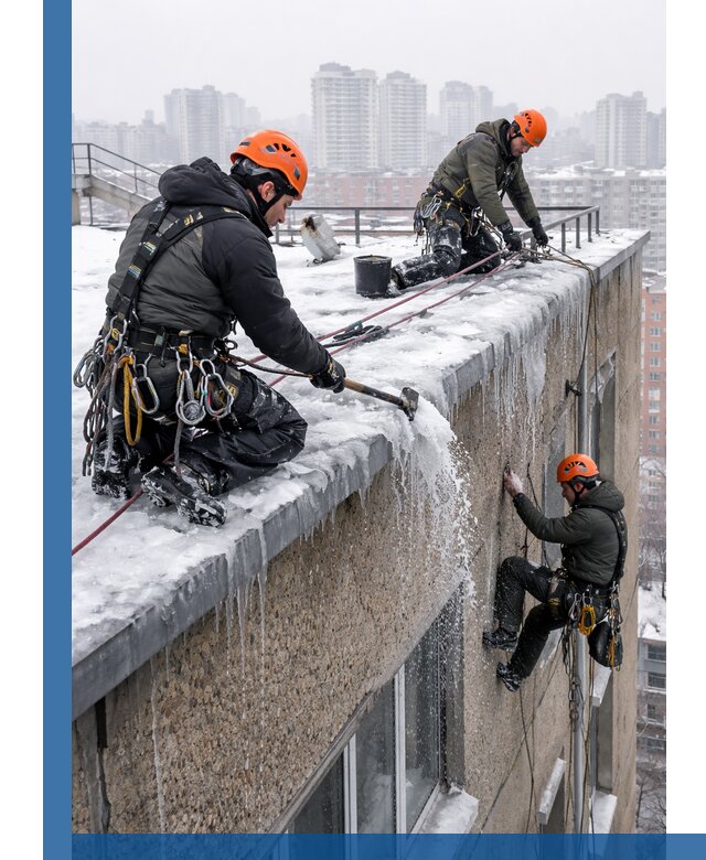 Удаление наледи с кровли в Омске промышленными альпинистами