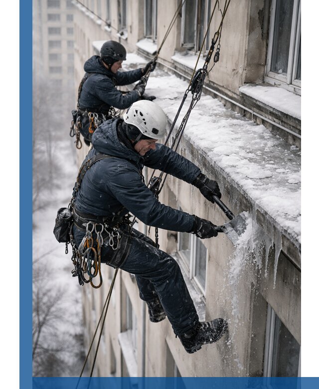 Удаление наледи и сосулек с карнизов в Омске профессионально