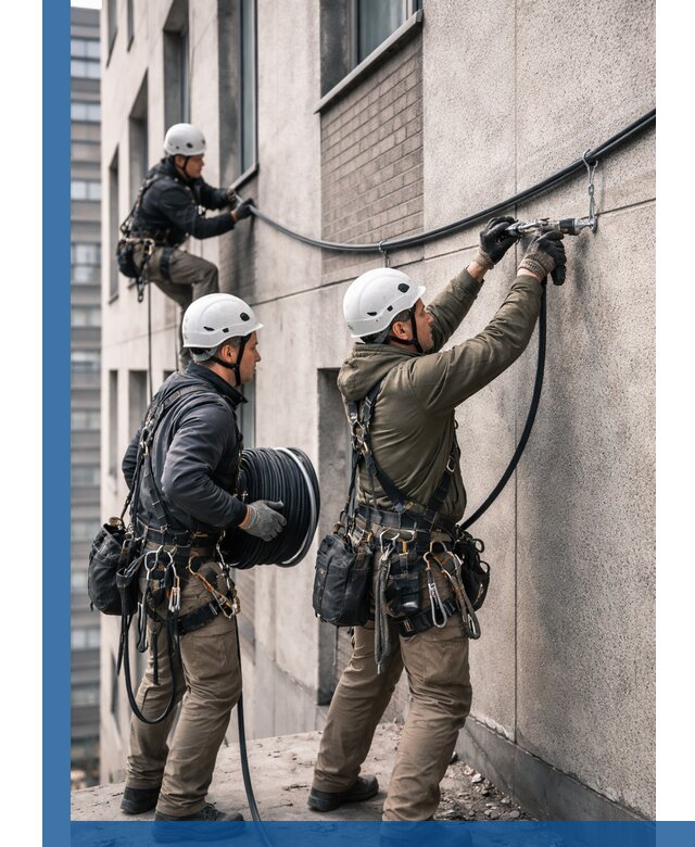 Прокладка кабеля по фасаду в Омске, профессиональный монтаж