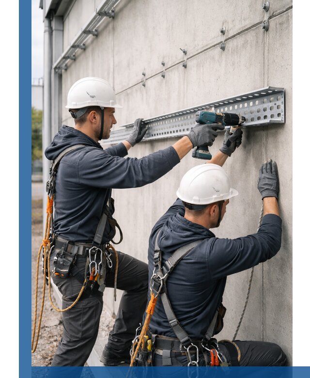 Монтаж кабельных лотков на фасаде зданий в Омске с гарантией