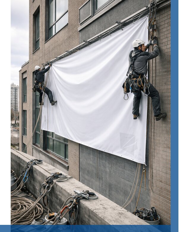 Монтаж баннеров на фасаде в Омске от 674 р. заказать ВЫСОТНИК-Омс