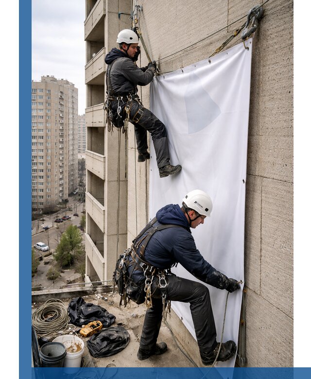 Профессиональный монтаж баннеров на фасаде в Омске