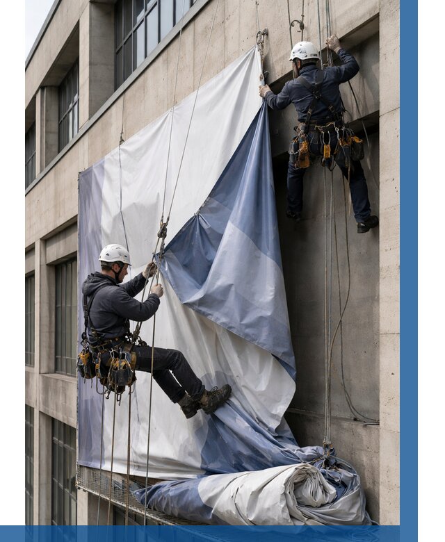 Демонтаж баннеров с фасада в Омске от 4666 р. | ВЫСОТНИК-Омс