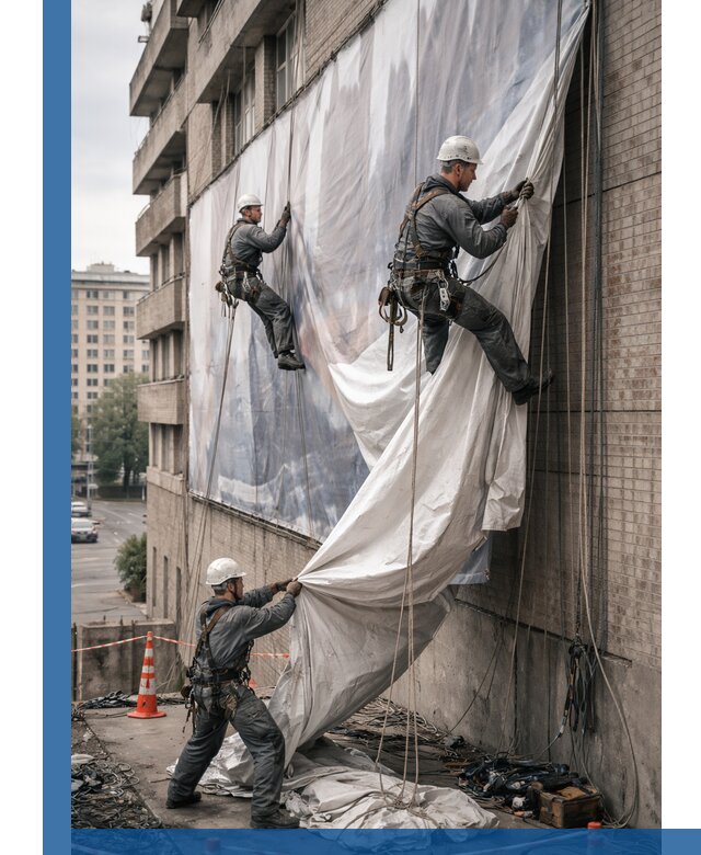 Демонтаж баннеров с фасада в Омске оперативно и безопасно