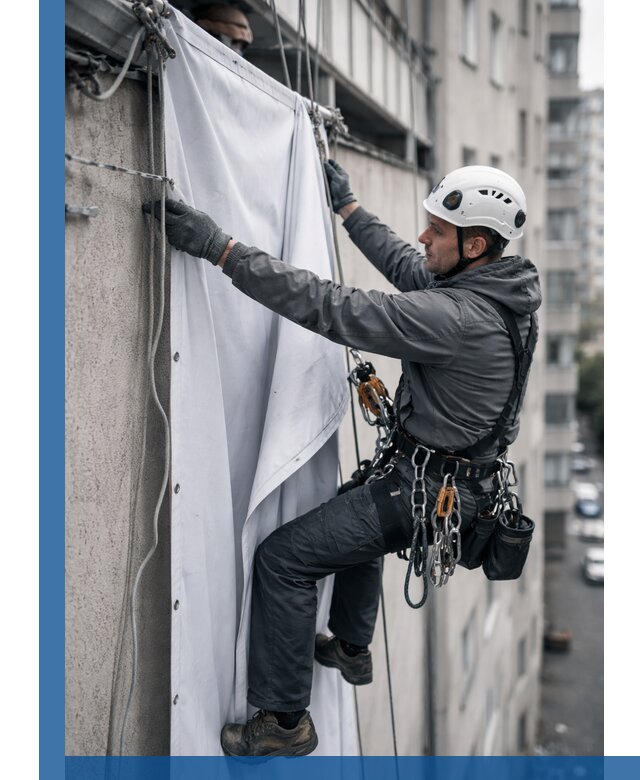 Замена баннерного полотна промышленными альпинистами в Омске