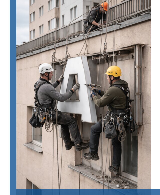 Ремонт и восстановление наружных вывесок на высоте в Омске