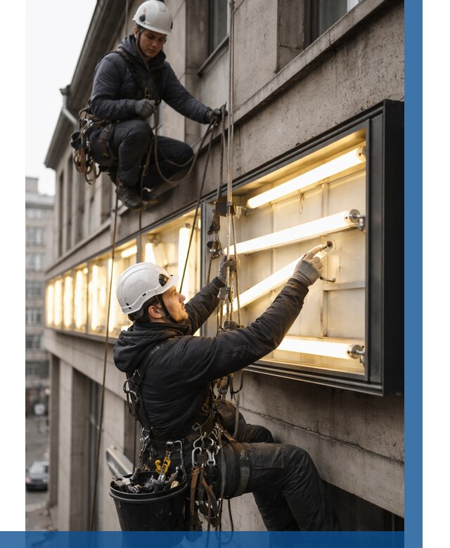 Замена ламп в вывеске в Омске под ключ от 3629 р. | ВЫСОТНИК-Омс