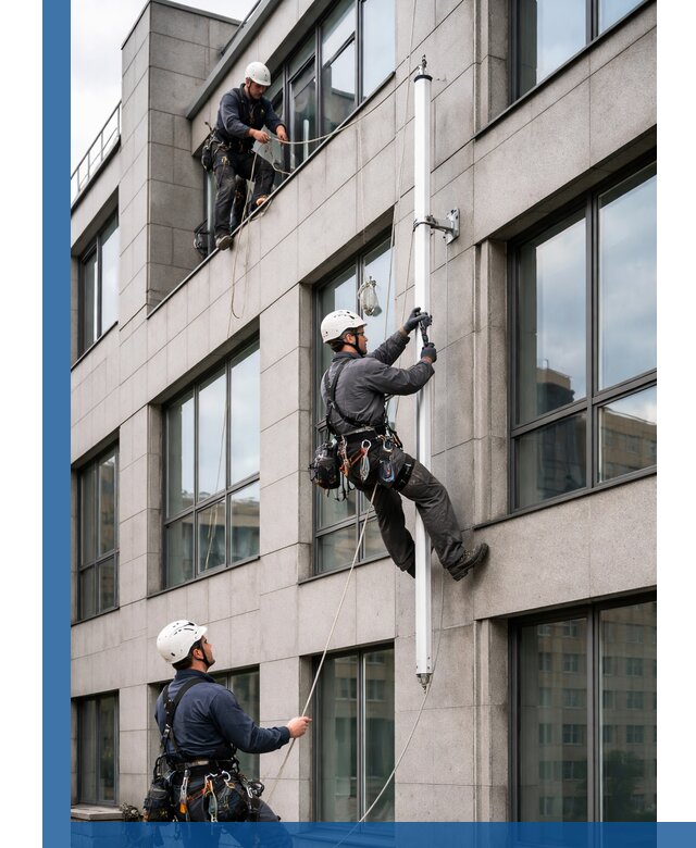 Монтаж флагштока на фасаде здания с креплением и герметикой в Омске