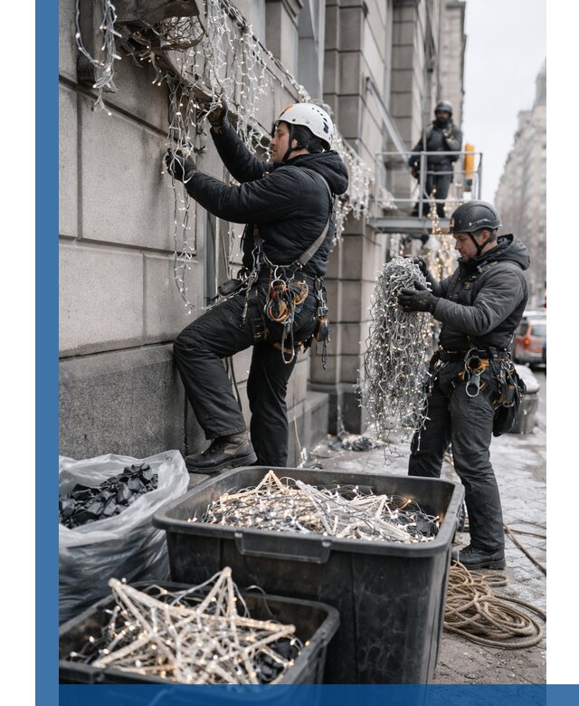 Демонтаж новогоднего оформления и гирлянд в Омске