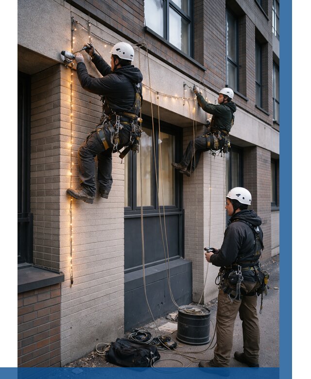 Монтаж гирлянд на фасаде в Омске от 3629 р. | ВЫСОТНИК-Омс