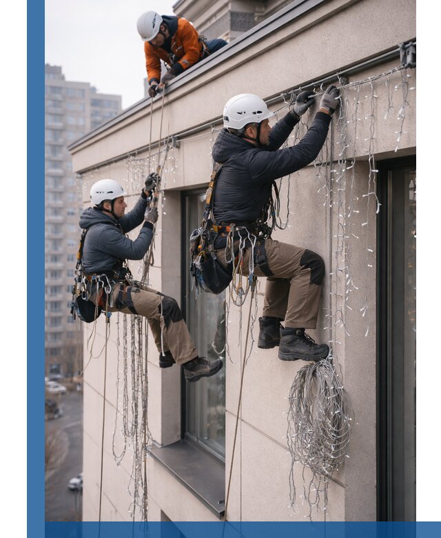 Монтаж праздничных гирлянд на фасаде в Омске для зданий