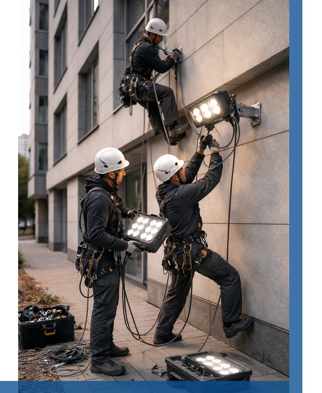 Монтаж прожекторов на фасаде в Омске от 7777 р. | ВЫСОТНИК-Омс