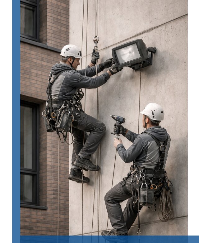 Профессиональный монтаж фасадных прожекторов в Омске под ключ