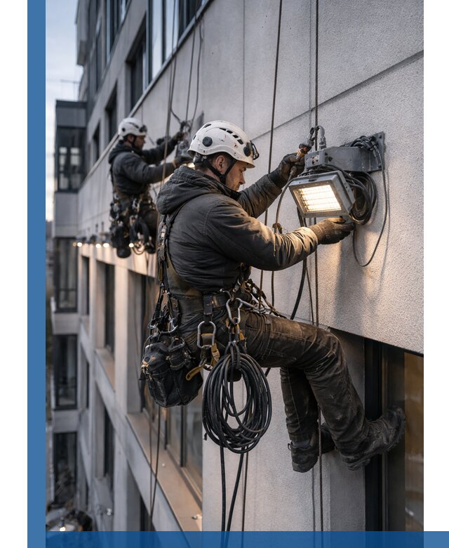Монтаж фасадного освещения в Омске установка и подключение