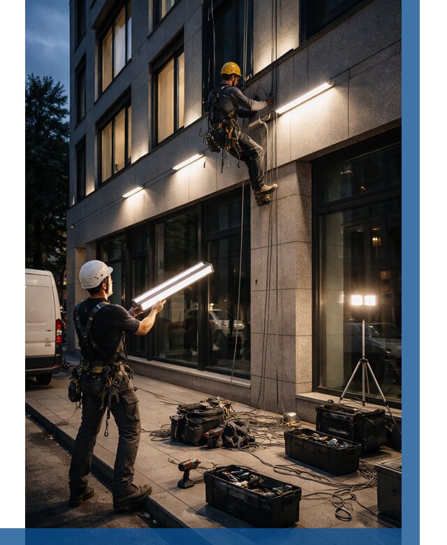 Монтаж архитектурной подсветки здания в Омске от 2592 р.|ВЫСОТНИК-Омс