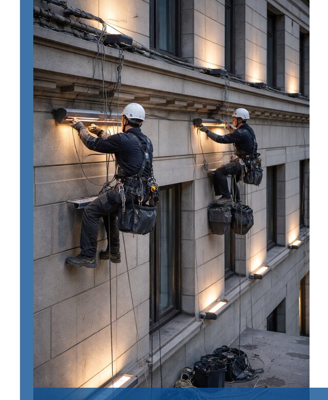 Монтаж архитектурной подсветки фасадов зданий в Омске