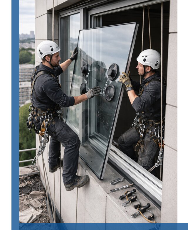Замена стеклопакетов на высоте с промышленными альпинистами в Омске