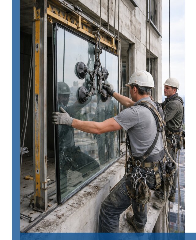 Монтаж стеклопакетов на высоте в Омске с промышленным альпинизмом