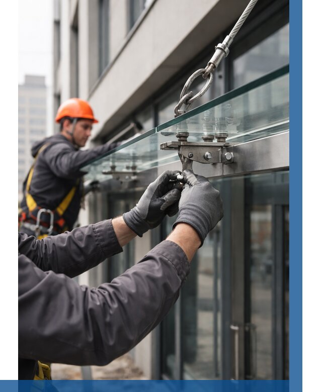 Монтаж стеклянных козырьков в Омске от 8814 р. | ВЫСОТНИК-Омс