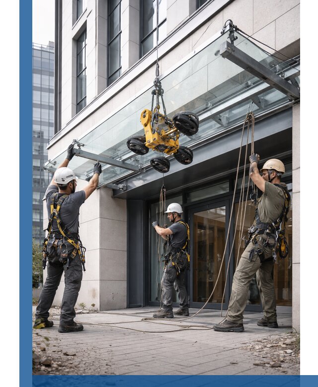 Монтаж стеклянных козырьков под ключ в Омске для зданий