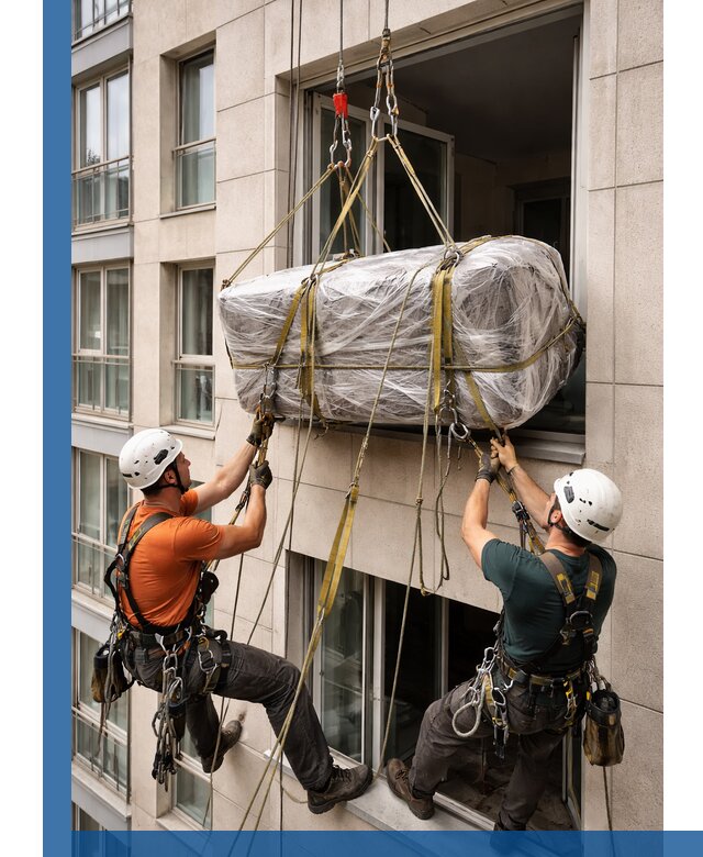 Подъем грузов через окно в Омске промышленными альпинистами