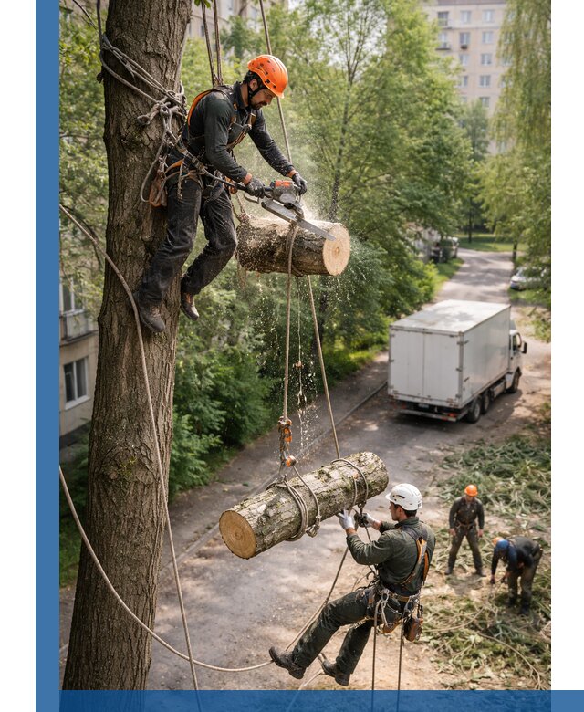 Спил деревьев альпинистами в Омске, безопасно и без повреждений