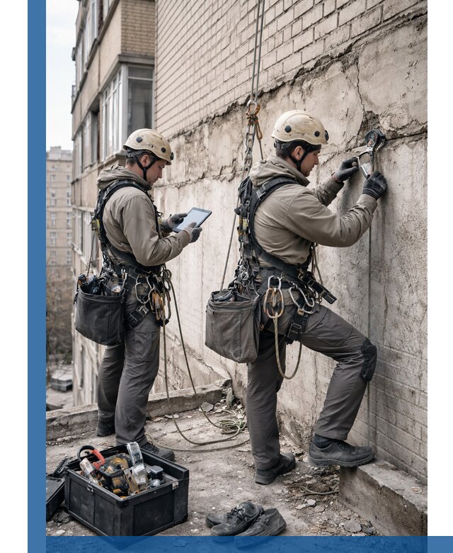 Обследование фасада промышленными альпинистами в Омске