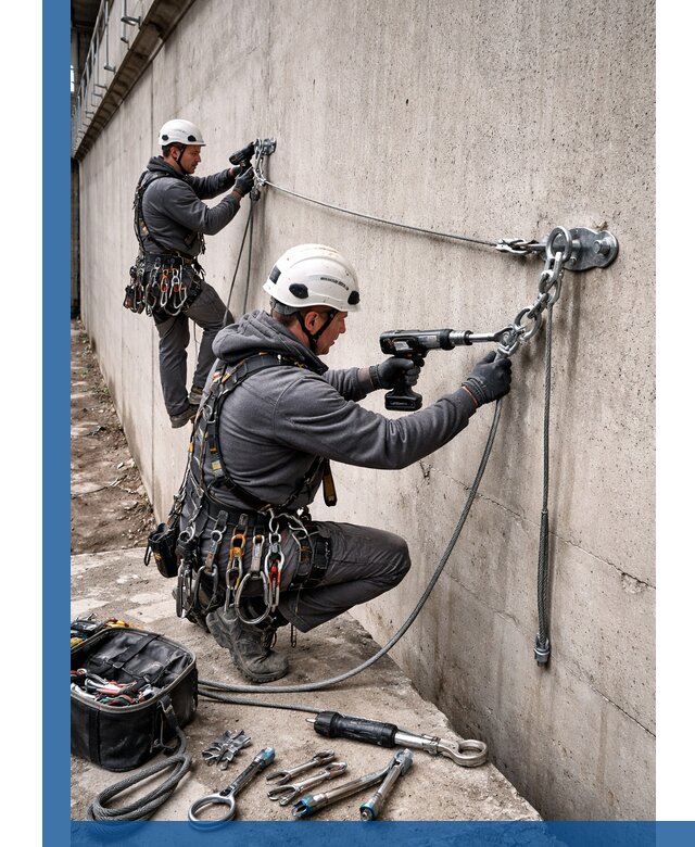 Монтаж анкерных линий высотной безопасности в Омске